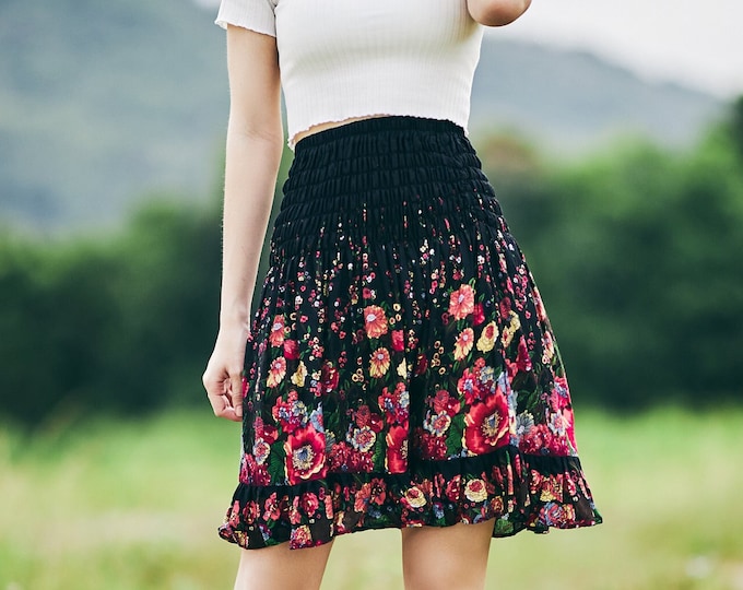 Black Floral Print Mini Skirt: High Waisted Rayon Boho Skater Skirt