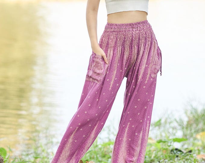 Pink Peacock Feather Harem Pants Women Boho Yoga Pants - Smocked Waist Rayon Trousers - Lightweight - 2 Pockets and Elastic Ankles -  S-XXL