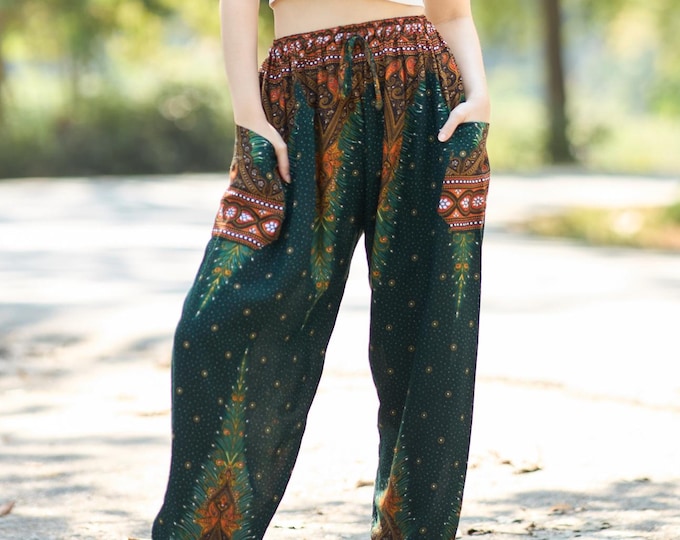 Green Harem Pants Women’s Boho Trousers – Soft Rayon Relaxed Fit – Elastic Waist with Drawstring – 2 Pockets – Lightweight Everyday Wear