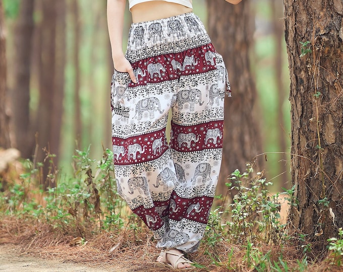 Elephant Harem Pants: Ivory Burgundy Boho Yoga Trousers with Pockets