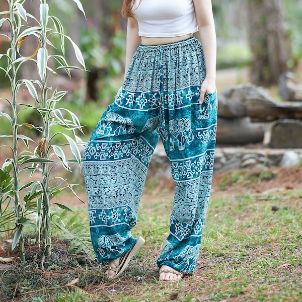Handmade Teal Elephant Harem Pants: Boho Festival Rayon Trousers