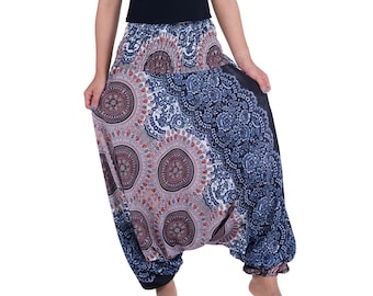 Boho Harem Pants Jumpsuit: Rayon Mandala Print, Elastic Waist