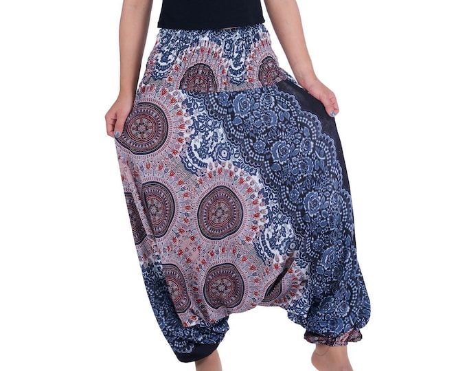 Boho Harem Pants Jumpsuit: Rayon Mandala Print, Elastic Waist