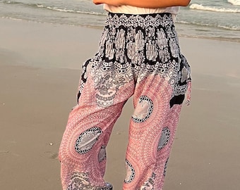 Pantaloni harem boho per bambini: stampa elefante bianca e nera, rayon leggero