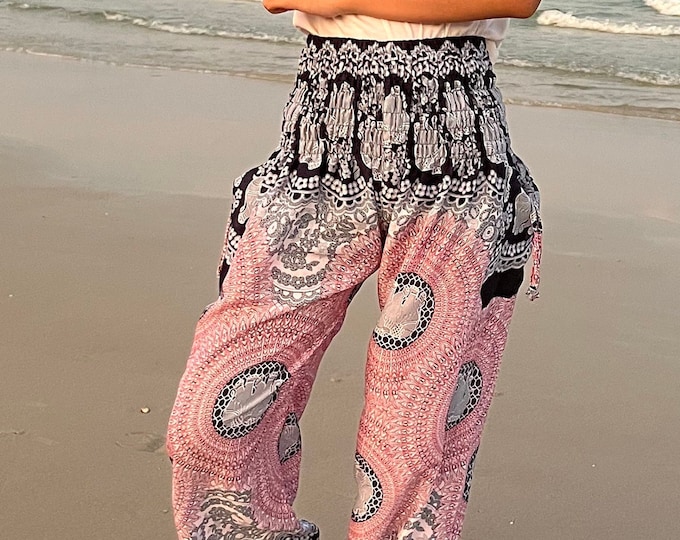 Kids Boho Harem Pants: Black & White Elephant Print, Lightweight Rayon