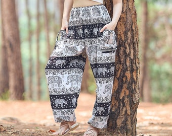 Calças Harém Elefante: Calças Boho Yoga de Rayon com Bolsos