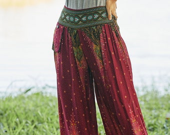 Burgundy Harem Pants: Rayon Boho Hippie Trousers