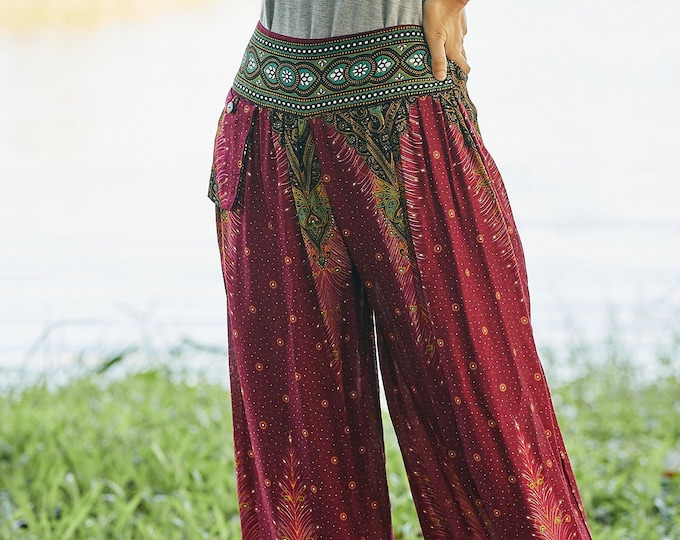 Burgundy Harem Pants: Rayon Boho Hippie Trousers