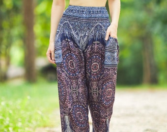 Blue Mandala Boho Pants for Women Harem Pants - Flowy Smocked Waist Yoga Pants Hippie Girls - Genie Aladdin Hippy Fall Pants