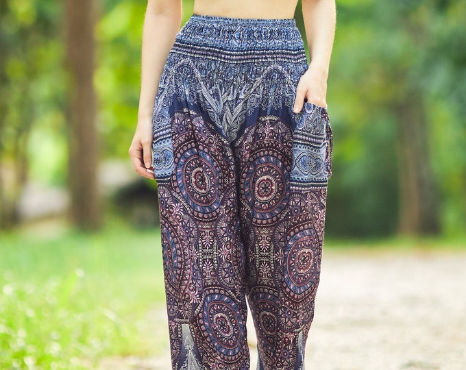 Blue Mandala Harem Pants: Boho Smocked Waist Rayon Yoga Trousers