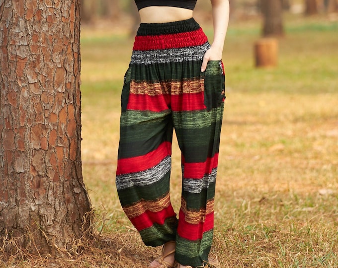Green Rayon Harem Pants: High Waist Flowy Boho Style