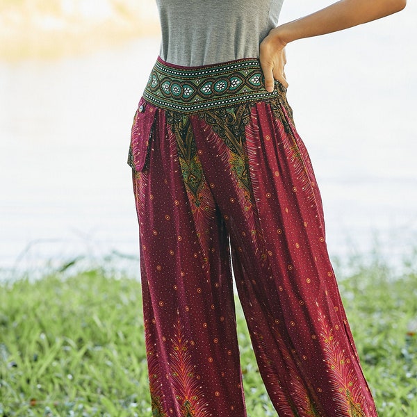 WOMEN FLOWY PANTS - Burgundy Harem Hippie Trousers - Petite to Plus Sizes Boho Fall Pants - Girls Festival Pants - Lounge Loose Balloon Pant