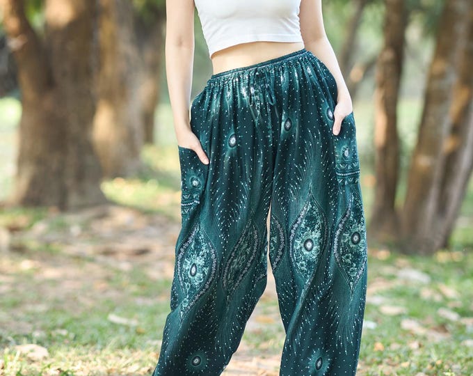 Floral Harem Pants Women – Green Boho Pants – Smocked Waist with Drawstring – Rayon Relaxed Trousers – Elastic Ankles – 2 Pockets