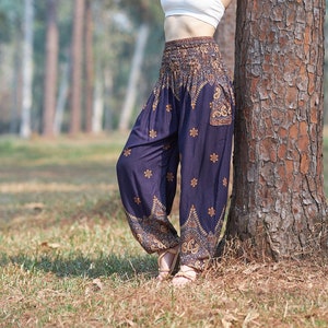 Sarouel bleu pour femme, pantalon de yoga fluide, vêtements bohèmes tailles Petite à grande taille, pantalon bohème avec poches, vêtements hippies d'été image 1