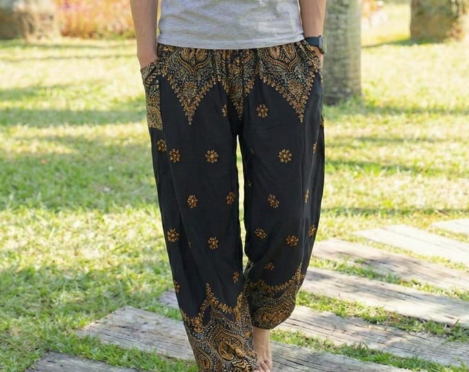 Men’s Black Peacock Harem Pants 2 Pockets – Boho Lounge Pants – Flowy Rayon Yoga Trousers – Elastic Drawstring Waist – Festival Hippie Wear