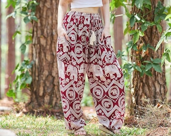 Calça Harém Elefante Borgonha: Calça de Rayon Boho Festival