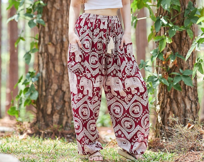 Burgundy Elephant Harem Pants: Boho Festival Rayon Trousers