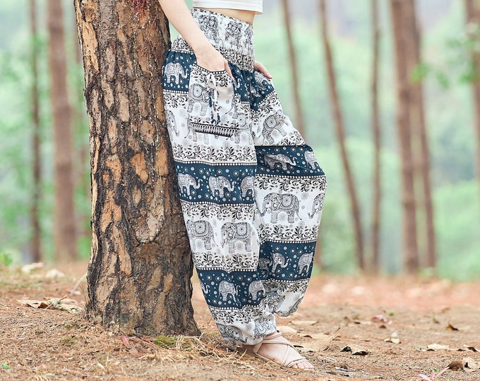 Elephant Harem Pants: Ivory Green Boho Yoga Trousers with Pockets