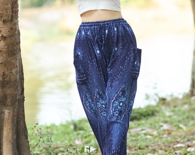 Floral Harem Pants Women – Dark Blue Boho Pants – Smocked Elastic Waist with Drawstring – Rayon Flow Pants – Elastic Ankles – 2 Pockets