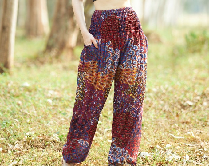 Red Peacock Harem Pants: Handmade Rayon Boho Lounge Palazzo