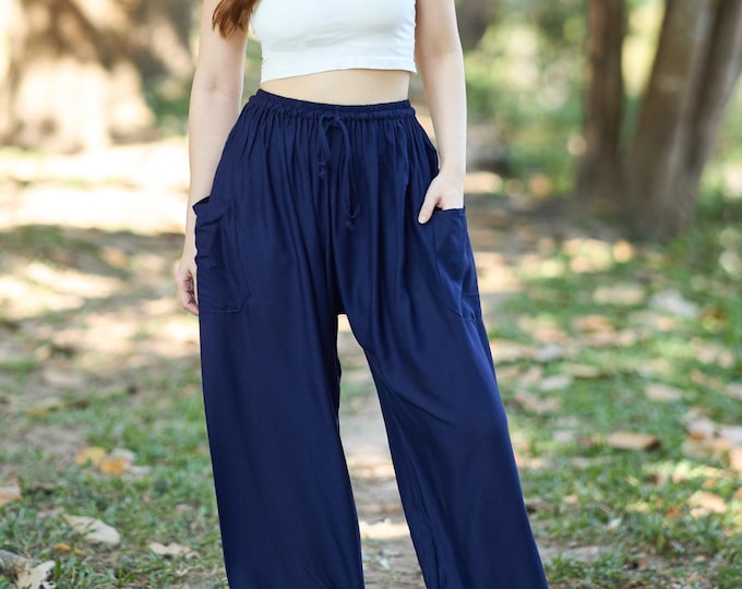 Dark Blue Harem Pants Women - Flowy Yoga Pants - Boho Trousers with Drawstring, Elastic Waist & Ankles 2 Pockets | Comfy Lounge Pants S-XXL