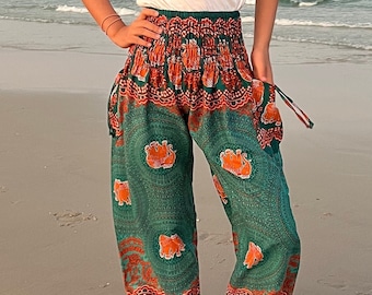 Pantaloni harem color verde acqua con elefante: pantaloni boho per bambini con vita arricciata
