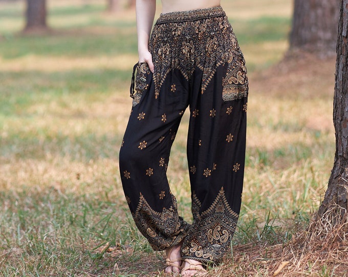 Black Rayon Harem Pants: Women's Flowy Boho Trousers