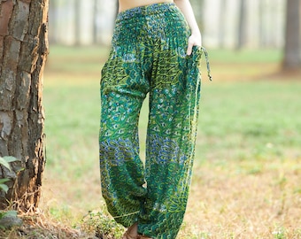 Green Peacock Boho Pants for Women Harem Pants High Waist - Flowy Pants Comfy Summer Thai Pants - Sweatpants Joggers Women Pants for Yoga