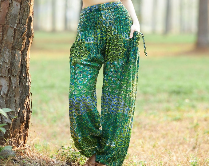 Green Peacock Harem Pants Women Boho Rayon Yoga Trousers - Womens Clothing - Yoga Pants with Pockets - Boho Pants Elastic waist