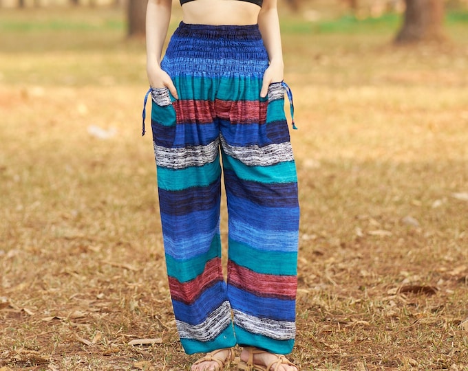 Blue Striped Rayon Harem Pants: Boho High Waisted Yoga Trousers