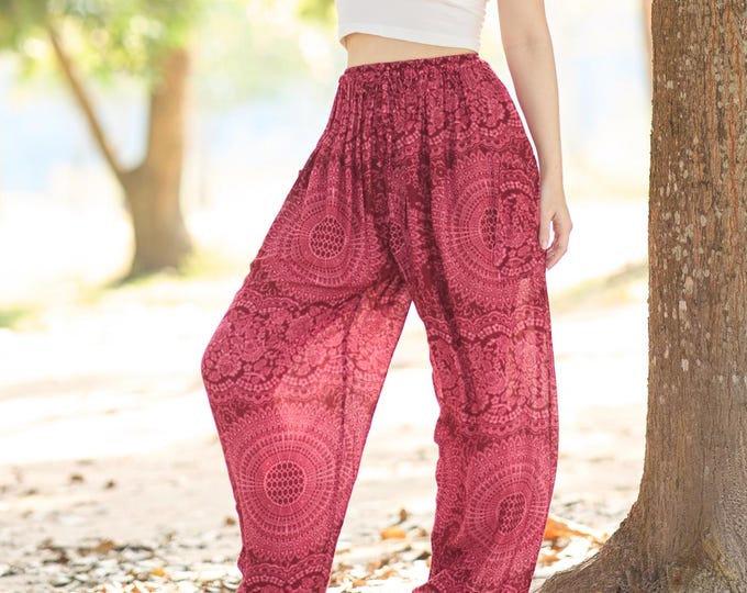 Burgundy Boho Hippie Pants - Rose Floral Harem Pants Women – Drawstring Waist – Soft Rayon Trousers – Elastic Ankles – 2 Pockets