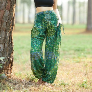 Green Peacock Boho Pants for Women Harem Pants High Waist Flowy Pants Comfy Summer Thai Pants Sweatpants Joggers Women Pants for Yoga image 1