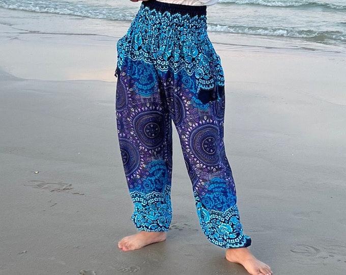 Kids Blue Harem Pants: Thai Rayon, Rose Circle Print