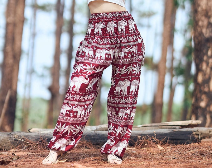 Burgundy Elephant Harem Pants: Boho Yoga Festival Lounge Wear