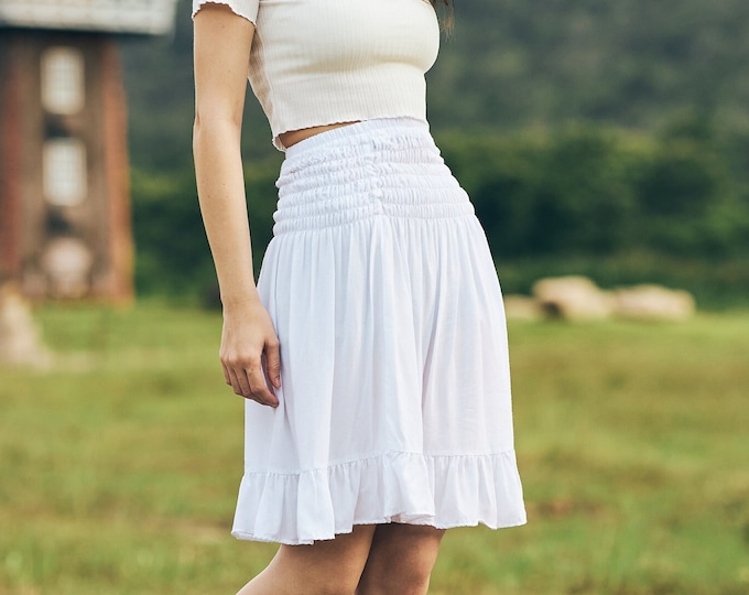 High Waisted Mini Skirt Knee Length - White Rayon Boho Skater Skirt - Womens Clothing - Boho Skirt Comfy Rayon material - High waist Skirt