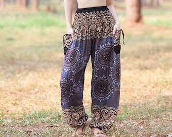 Brown Mandala Harem Pants Women - Rayon Boho Clothing -  Yoga Trousers with Pockets - Womens Clothing - Lounge Pants for Casual Wear