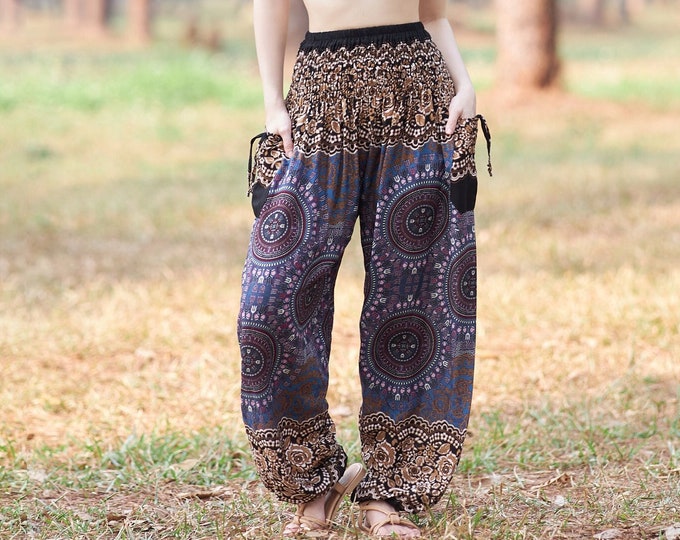 Brown Mandala Harem Pants Women - Rayon Boho Clothing -  Yoga Trousers with Pockets - Womens Clothing - Lounge Pants for Casual Wear