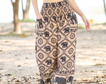 Brown Black Elephant Harem Pants Women - Boho Hippie Yoga Pants - Smocked Waist Trousers with 2 Pockets - S-XXL Sizes and Elastic Ankles