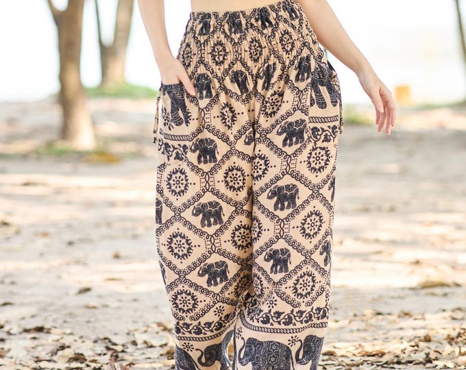 Brown Black Elephant Harem Pants Women - Boho Hippie Yoga Pants - Smocked Waist Trousers with 2 Pockets - S-XXL Sizes and Elastic Ankles