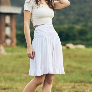 HIGH WAISTED WHITE Women Ruffle Mini Skirts for Trendy Girls with Flowy Hippie Skirt - Solid Light Printed Boho Skater Skirt