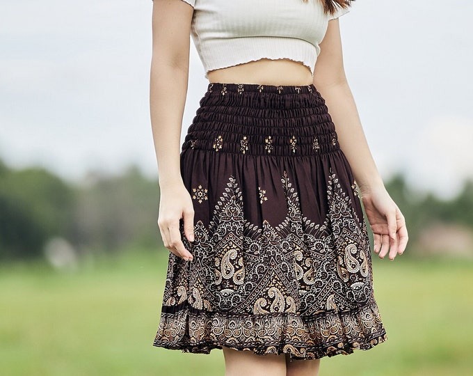 Brown Floral Skater Skirt: High Waisted Boho Mini Skirt