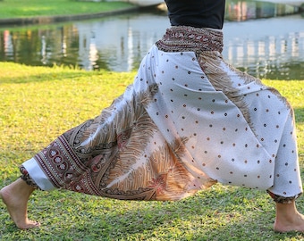 White Peacock Print Harem Pants: Boho Rayon Loungewear