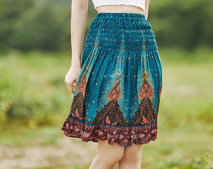 Peacock Print Rayon Skater Skirt: High Waist Boho Mini