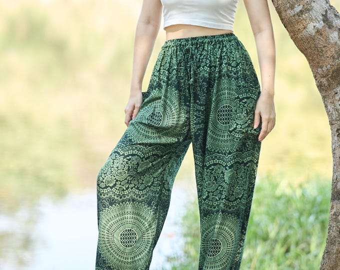 Green Boho Pants Women – Rose Floral Harem Pants – Drawstring Waist – Rayon Hippie Trousers – Elastic Ankles – 2 Pockets