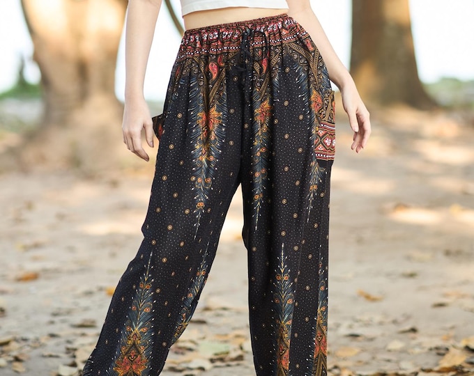 Black Peacock Boho Pants Womens Harem Pants – Rayon Yoga Trousers – Elastic Waist Drawstring with 2 Pockets – Lightweight Comfy Hippie Style