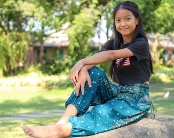 Kids Teal Peacock Harem Pants: Lightweight Rayon Summer Trousers