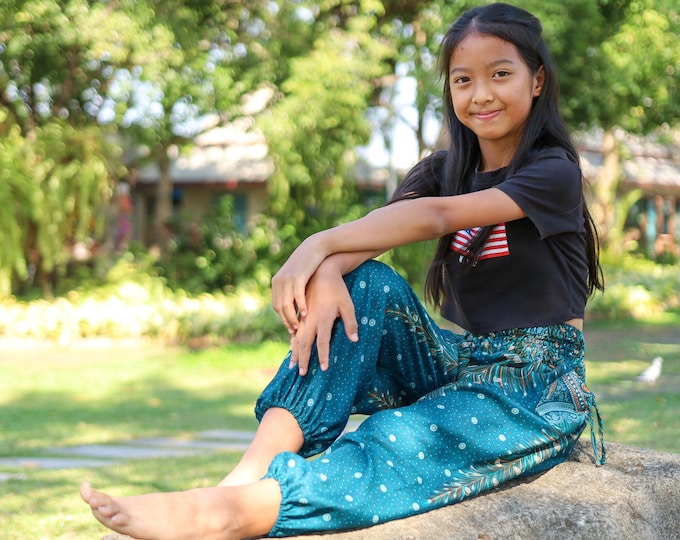 Kids Teal Peacock Harem Pants: Lightweight Rayon Summer Trousers