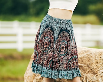 Teal Mandala Rayon Skater Skirt: Bohemian High Waisted Mini