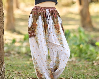 White Pants Women’s Lounge Boho Trousers – Hippie Harem Pants Elastic Waist with Drawstring and 2 Pockets – Lightweight Everyday Clothing