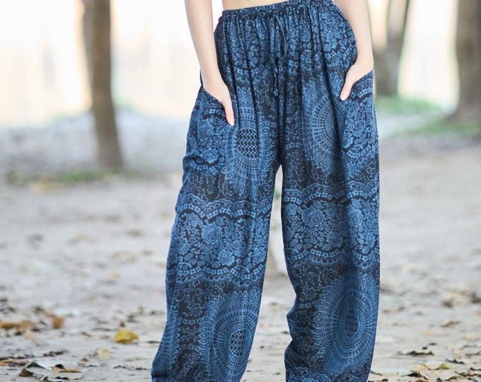 Rose Floral Harem Pants Women – Black Boho Hippie Pants – Drawstring Waist – Rayon Flowy Trousers – Elastic Ankles – 2 Pockets